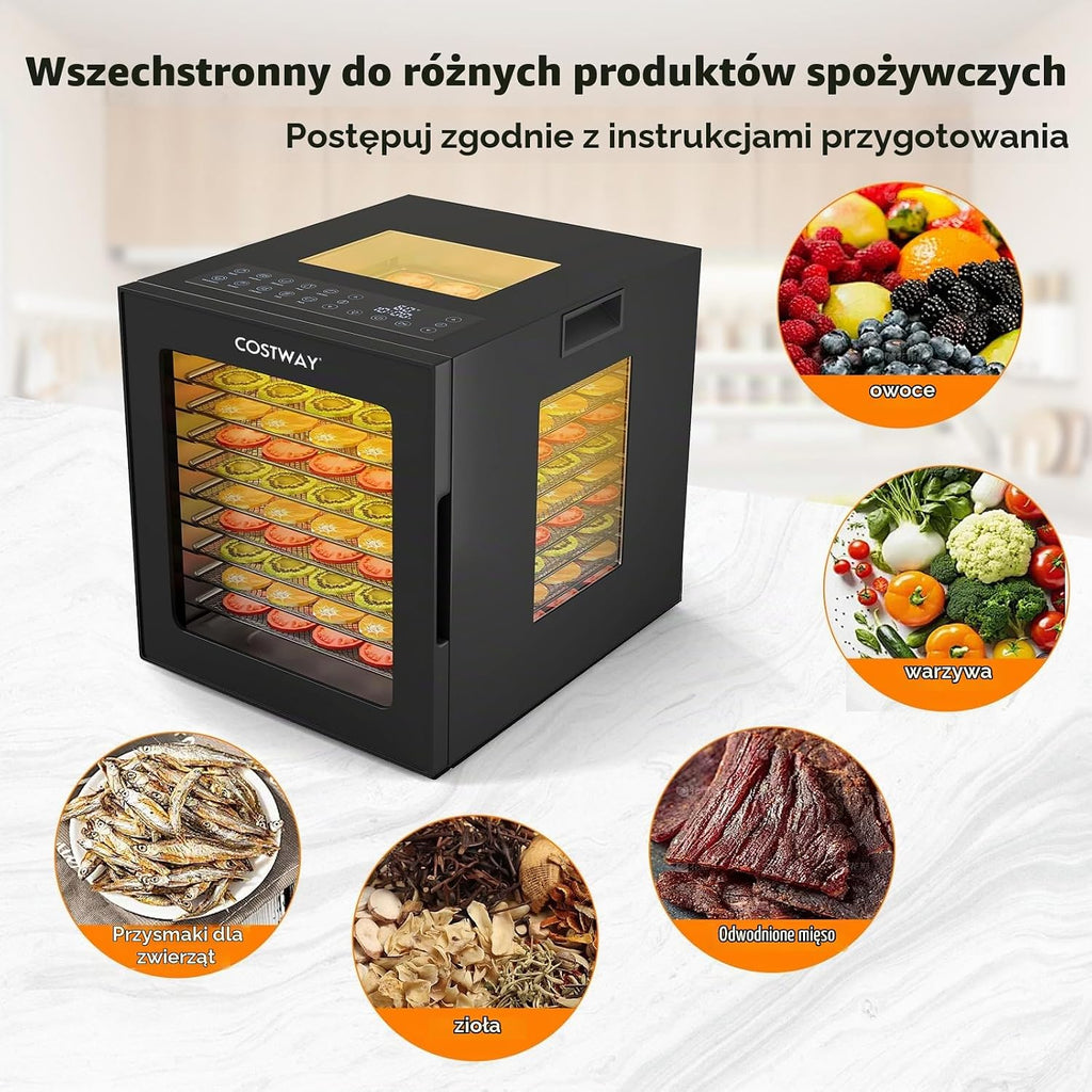 COSTWAY 850 W suszarka do żywności z 10 stalowymi miseczkami, suszarka z 10 wstępnie ustawionymi programami, 48-godzinnym timerem i temperaturą 30-75 °C, suszarka do żywności do owoców, warzyw, mięsa