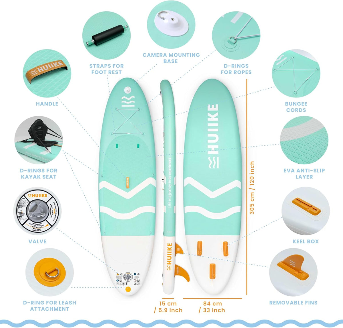 Tabla de paddle surf inflable HUIIKE para adultos con accesorios incluidos, remo, aletas, bomba. Tabla de paddle surf de gran estabilidad y resistencia. 10’ x 33" x 5.9", carga máxima 286 lb