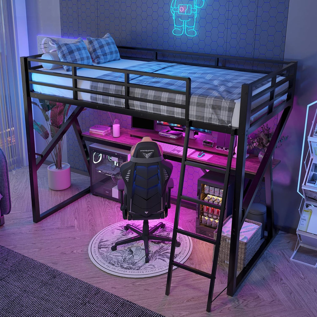Cama alta infantil 90x200 cm, litera, cama de metal con tira LED, escritorio y escalera, cama individual juvenil, cama multifuncional, estructura de cama con protección anticaídas y somier, sin colchón, negro