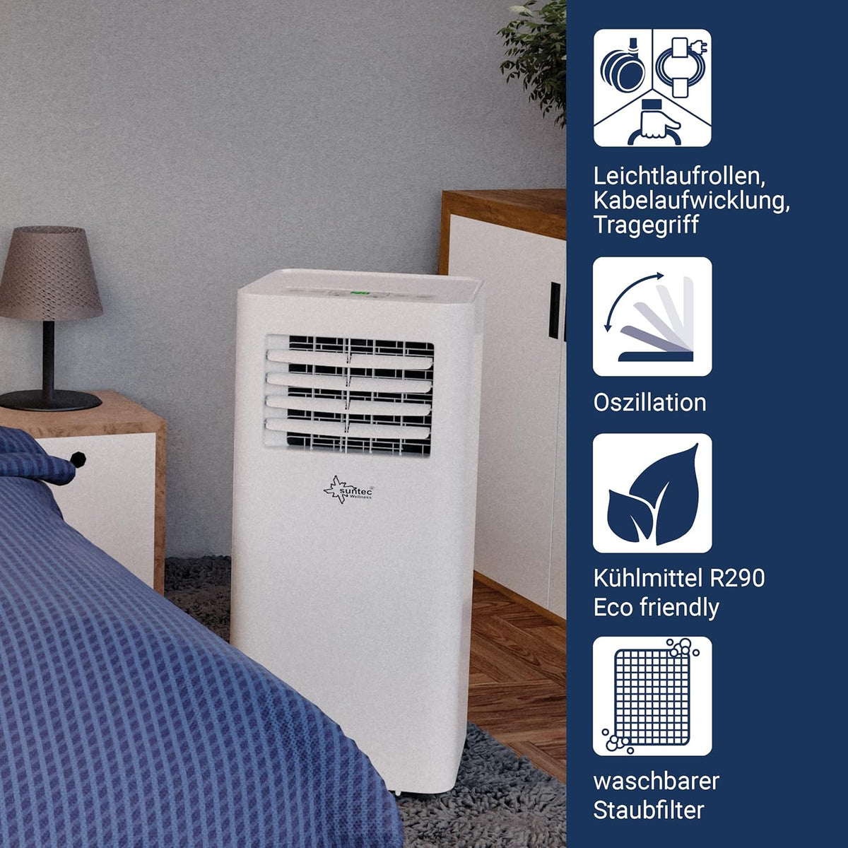 SUNTEC Aire acondicionado portátil Impuls 2.6 Eco R290 – Aire acondicionado móvil y silencioso con tubo de escape – Enfriador y deshumidificador para habitaciones de hasta 34 m² – Refrigeración móvil para hogar y oficina – 9.000 BTU | 2600 vatios