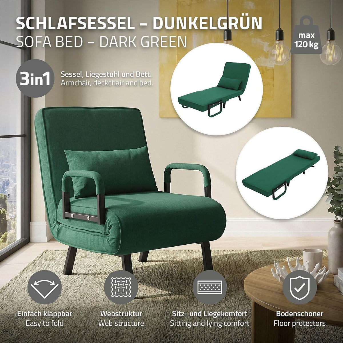 ML-Design Fotel Rozkladany 3 w 1 z Funkcja Spania, Skladany z Regulowanym Oparciem, Rozkladana Sofa dla Gosci, Lózko Jednoosobowe Stelaz Stalowy Miekka Tkanina Chenille Wygodny do Salonu Ciemnozielony