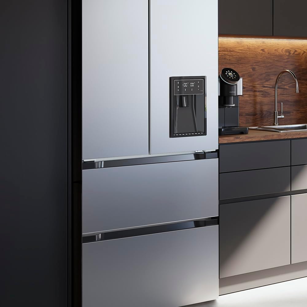 Frigorífico de doble puerta de acero inoxidable Cecotec con dispensador de agua de 510 L Bolero CoolMarket FD 510 WD Inox E. 183 cm de altura, 84 cm de ancho, motor Inverter Plus, Total NoFrost