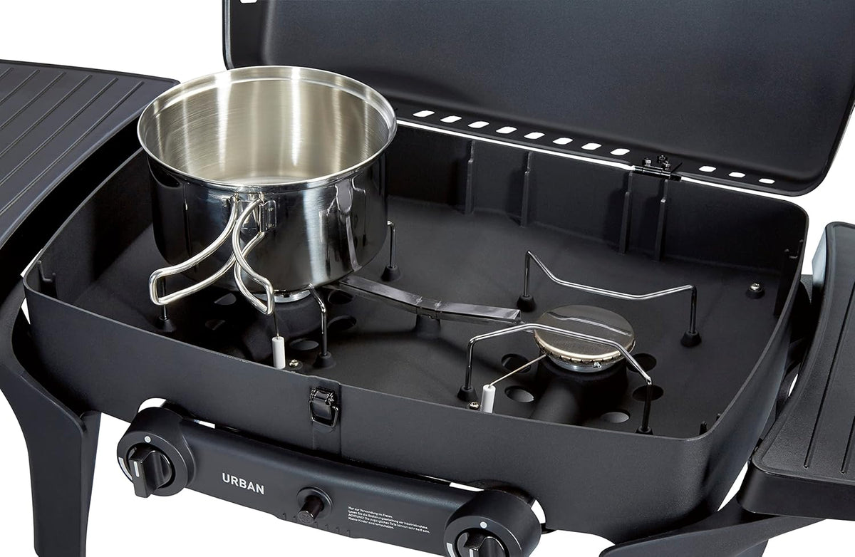 EndersGasgrill Urban II Pro, parrilla de mesa, función de asado, cocción y horneado, 2 quemadores de acero inoxidable, con termómetro para parrilla, parrilla para balcón y camping, carcasa de aluminio fundido, rejilla de hierro fundido, #2062
