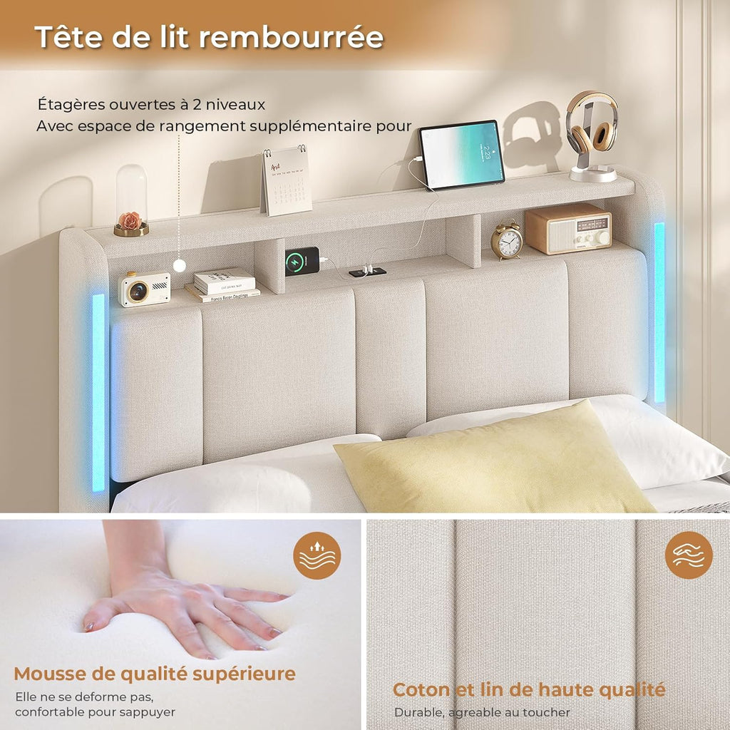 Cama tapizada AOGLLATI 140×200 con tomas de corriente e iluminación LED, cama doble con cabecero con almacenamiento y espacio de almacenamiento hidráulico, estructura de cama con somier, cama juvenil 140×200, lino, sin colchón, beige