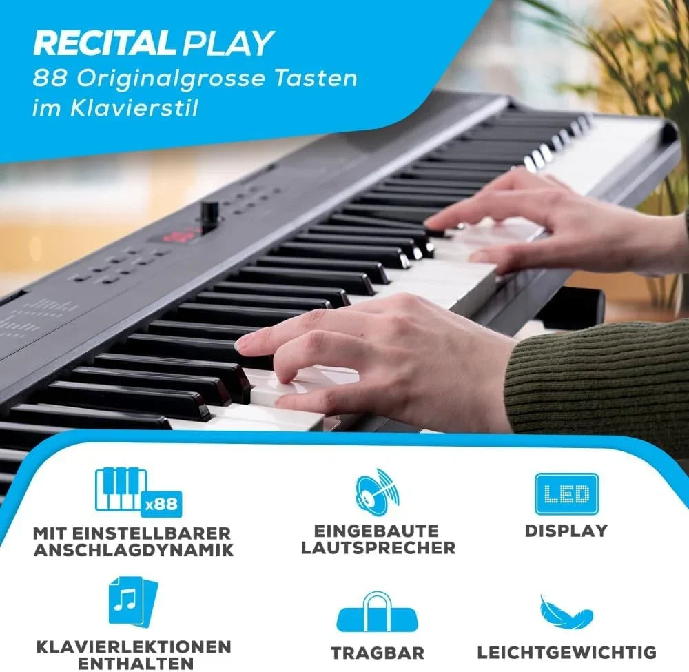 Teclado de piano digital de 88 teclas RECITALPLAY con 480 sonidos, USB-MIDI, altavoces y set de accesorios