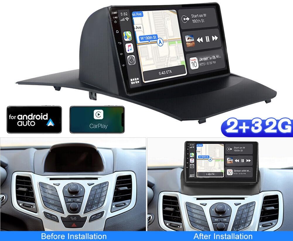 Autorradio Android 13 de 9" con navegación, 2 GB + 32 GB, para Ford Fiesta MK6 2008-2016, compatible con CarPlay inalámbrico y Android Auto, WiFi, Bluetooth 4.0, GPS, DSP, USB