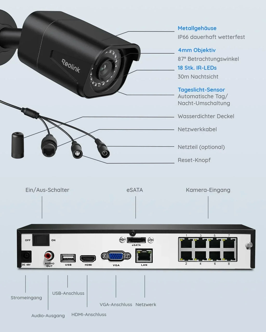 Kit Reolink 4K PoE para exteriores, NVR de 8 canales y 2 TB, 4 cámaras IP de 8 MP, detección de personas y vehículos, 24/7 para interiores/exteriores, RLK8-800B4 negro