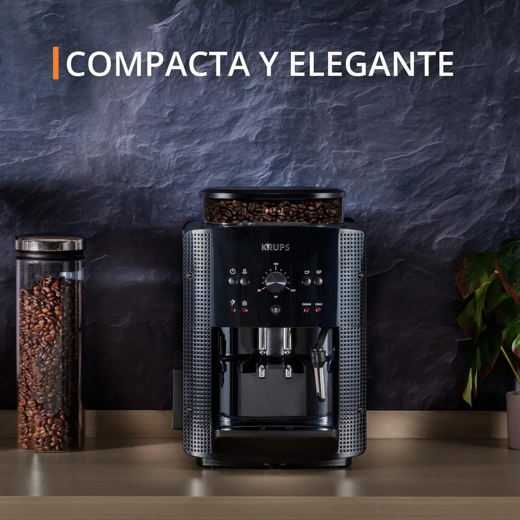2025 Krups Essential - Cafetera superautomática, 15 bares de presión, molinillo cónico de metal, con selección de cantidad e intensidad de café, 1,7 l, 1 taza, acero, pantalla LCD + accesorios para leche