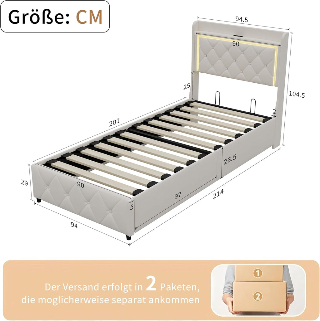 Cama tapizada de 90x200 cm con iluminación LED, USB y canapé hidráulico – Cama individual juvenil con almacenamiento, somier y cabecero, terciopelo beige, sin colchón (Beige-3, 90x200 cm)