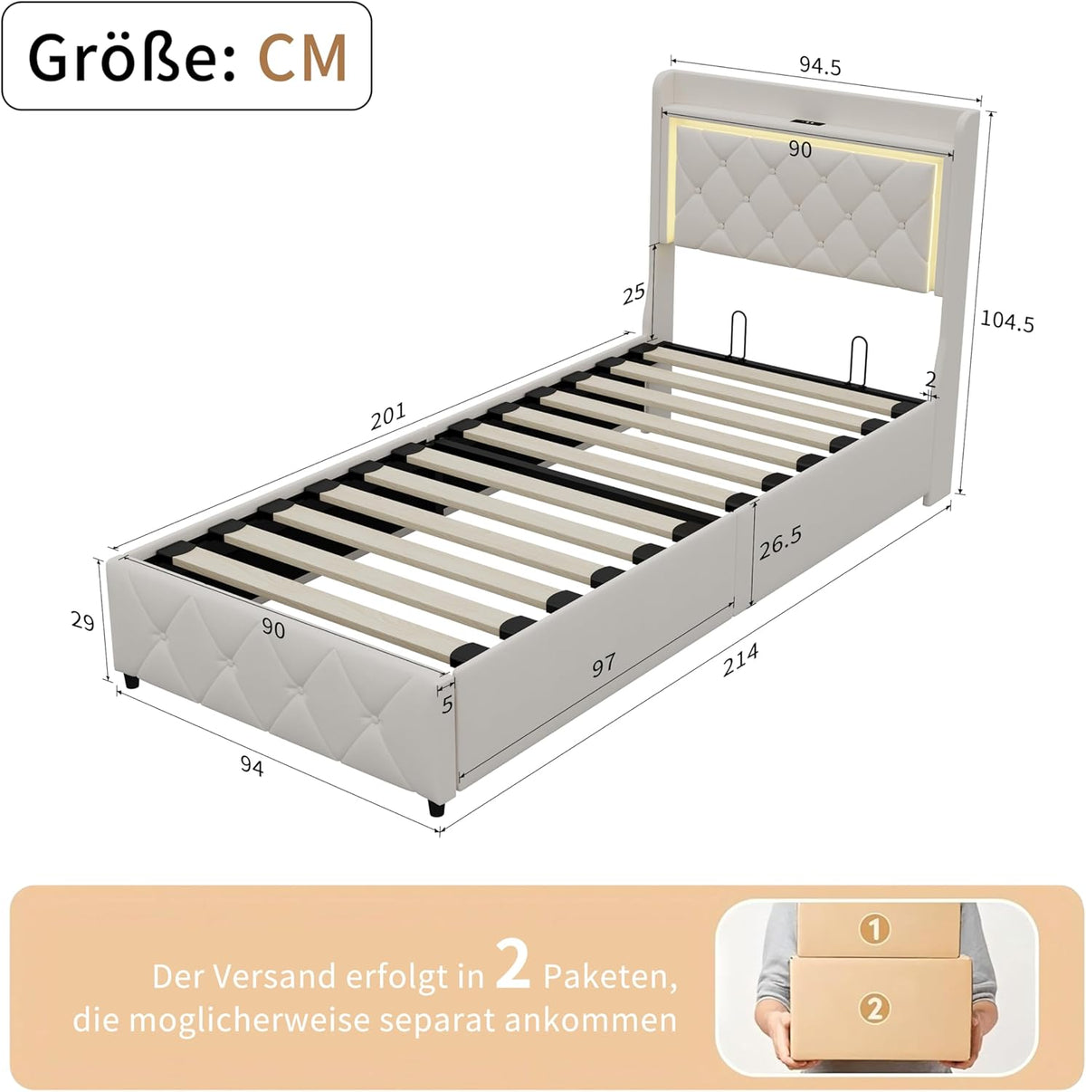 Cama tapizada de 90x200 cm con iluminación LED, USB y canapé hidráulico – Cama individual juvenil con almacenamiento, somier y cabecero, terciopelo beige, sin colchón (Beige-3, 90x200 cm)