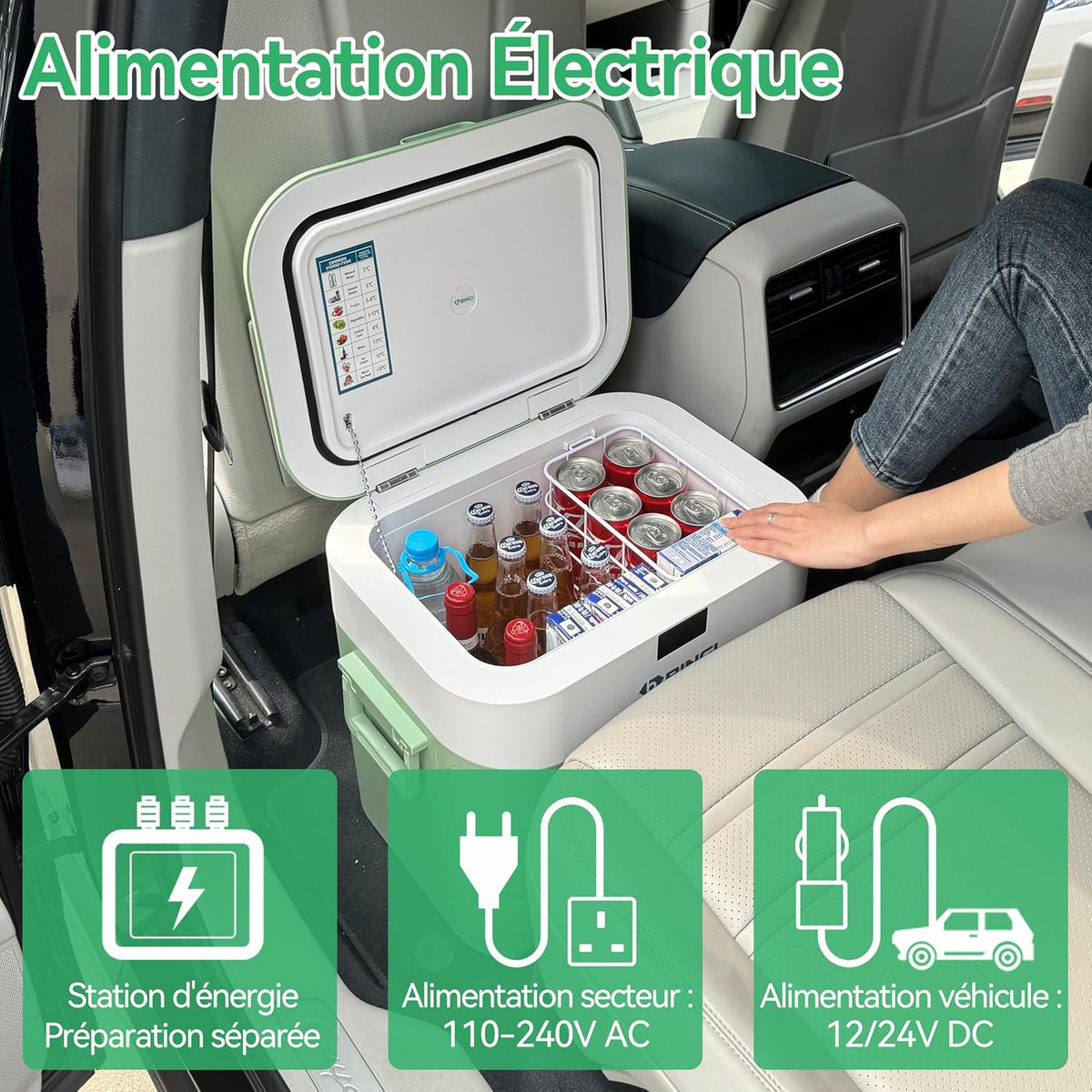 BINGI Nevera Eléctrica de Compresión para Coche de 22L con Enfriamiento Rápido - Refrigerador Portátil hasta -18°C, 12V/24V/220V, para Autocaravana, Furgoneta, Camión, Barco, Coche, Hogar, Camping