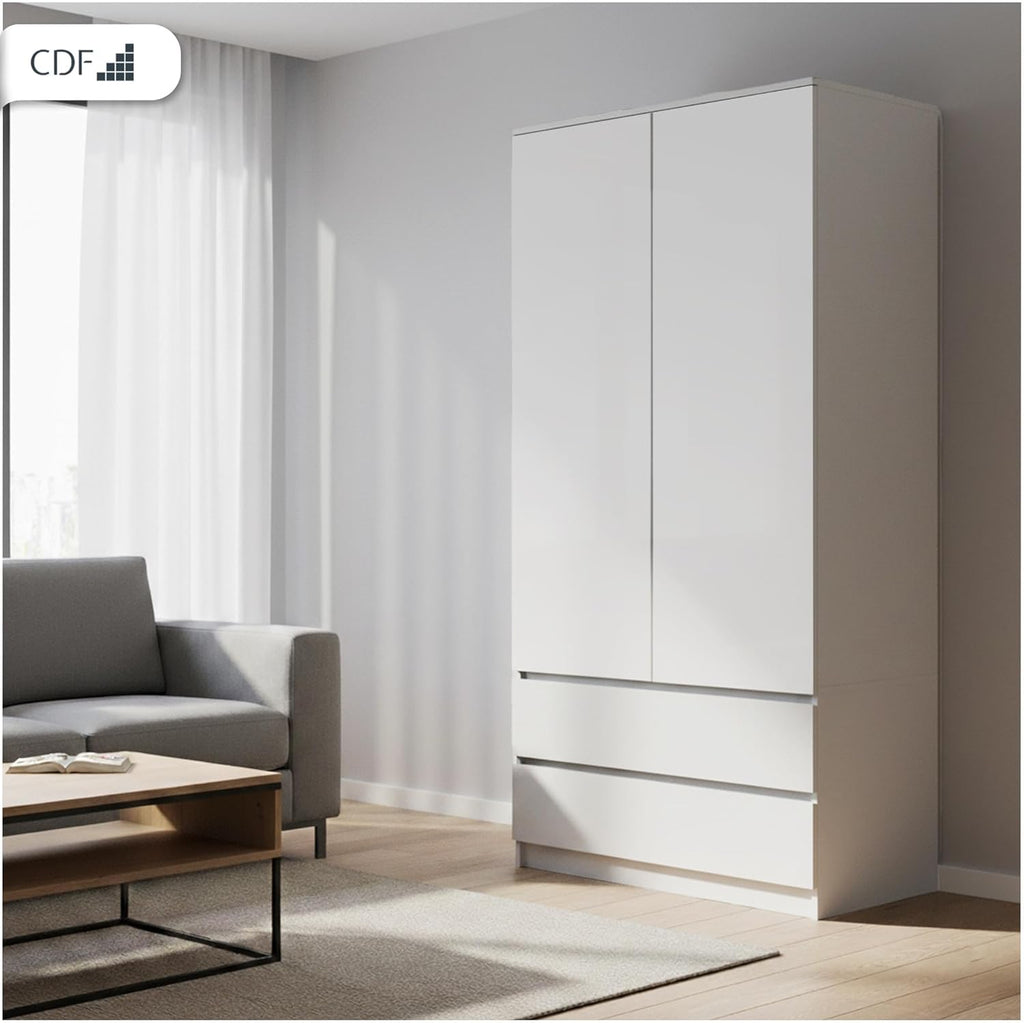 Armario ropero CDF blanco, 90 cm de ancho, para dormitorio infantil o dormitorio, 2 cajones, 2 puertas, armario de dos puertas, estilo moderno, incluye todo lo necesario para el montaje, armario para ropa y juguetes.