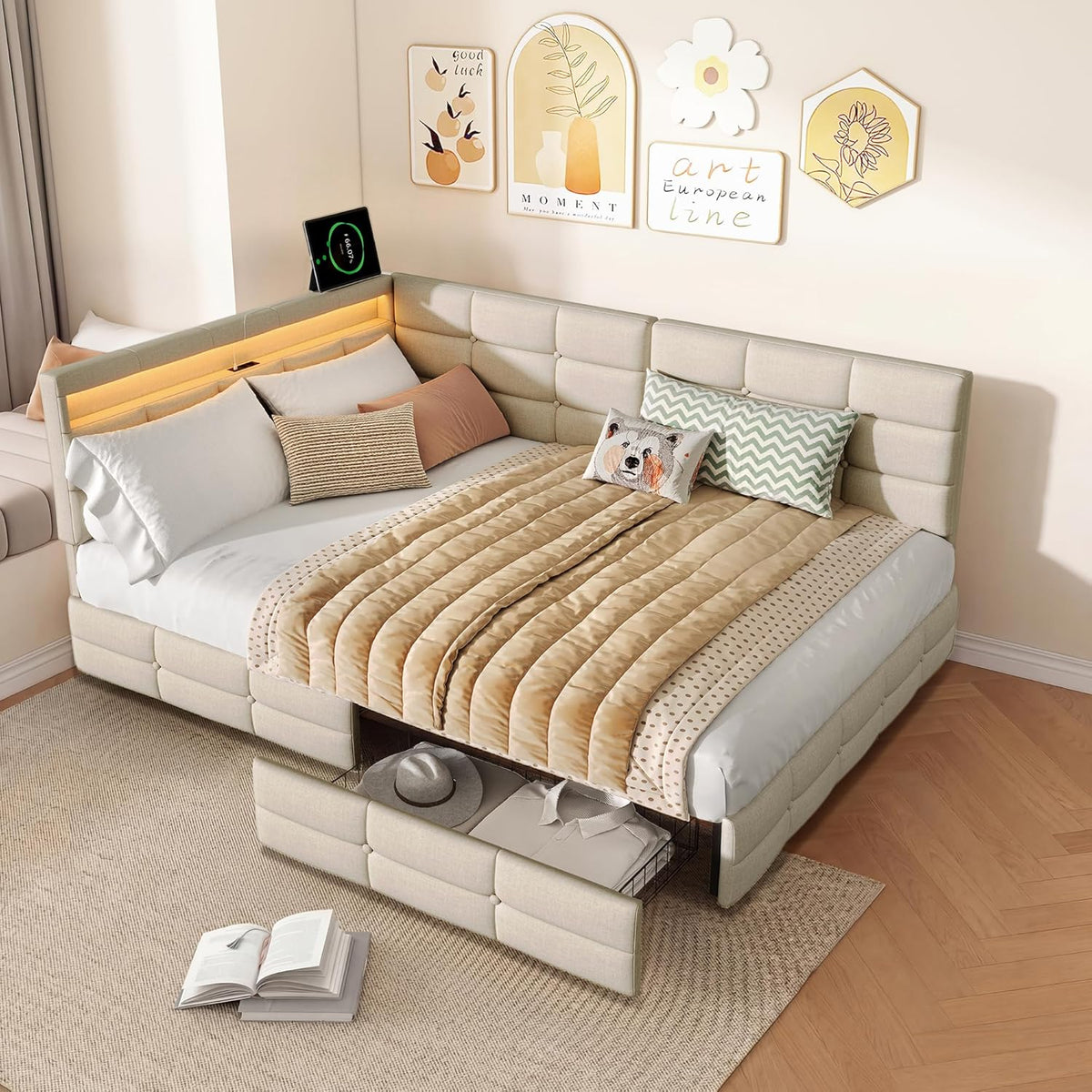 Cama tapizada doble, sofá cama de 140x200 con 2 cajones de almacenamiento, cama juvenil con USB, cama con almacenamiento, cama funcional con somier de láminas, cama infantil con cabecero LED, sin colchón (beige + lino)