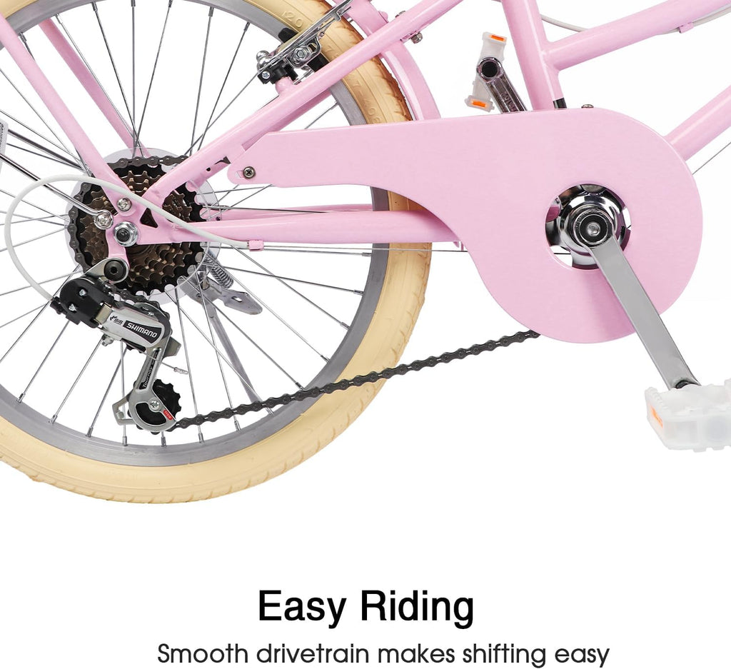 Glerc Missy 20, 24, 26 pulgadas bicicleta híbrida urbana tipo crucero para niñas, de 6 velocidades, con cesta de mimbre, para jóvenes mayores de 6 años, varios colores