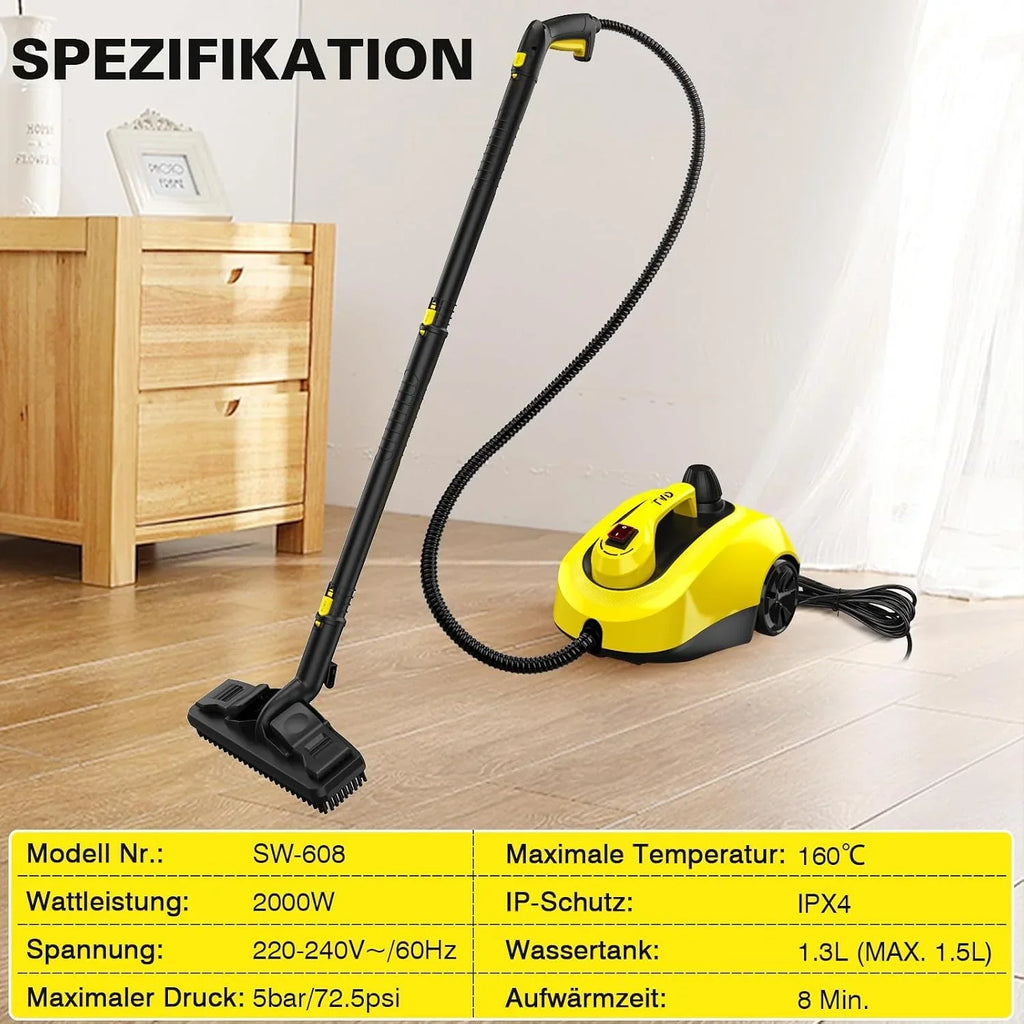 Limpiador a vapor SW608-A de 2000 W con depósito de agua de 1300 ml, cable de alimentación de 5 m, limpieza a vapor a alta temperatura con accesorios de limpieza