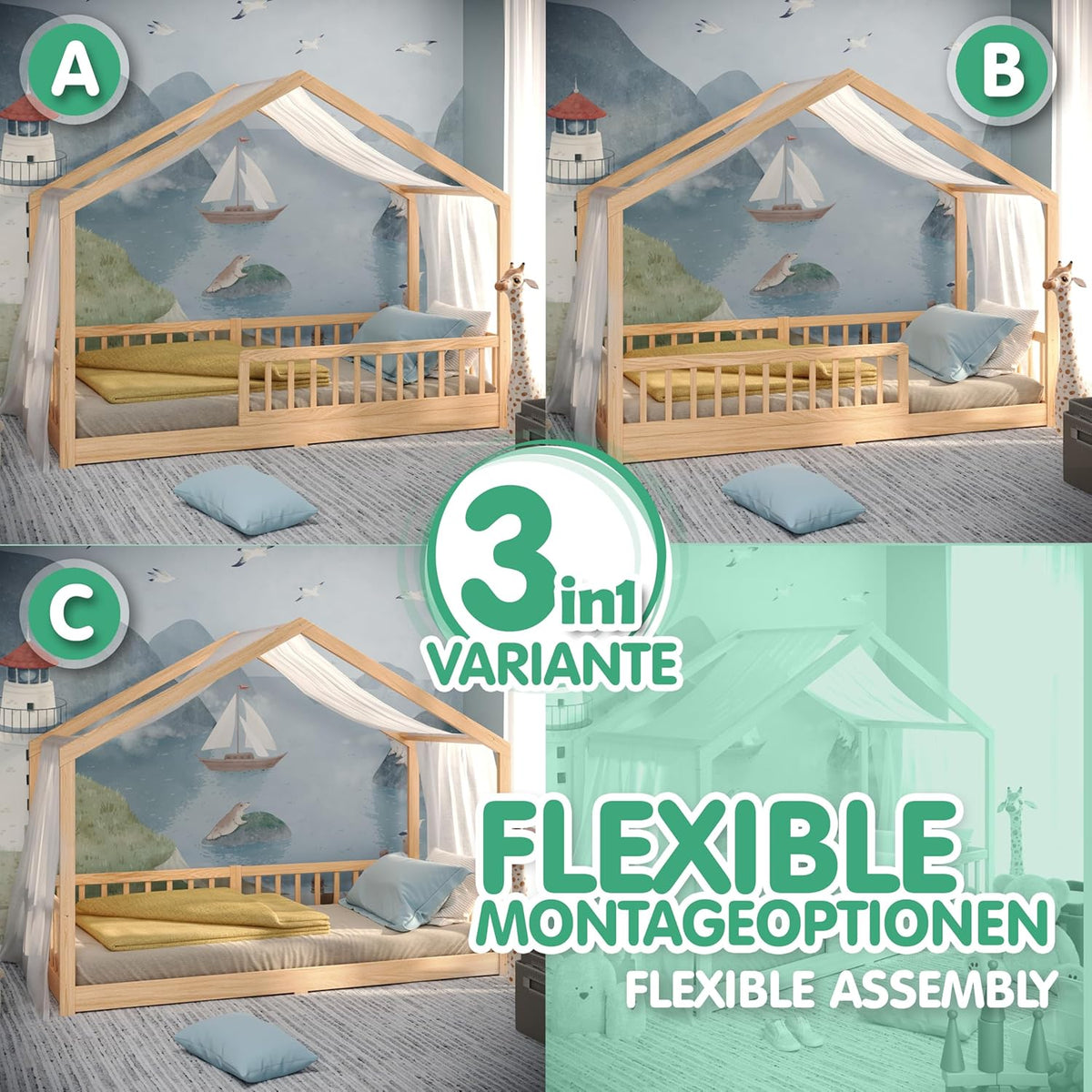 Cama infantil CADANI Malte 90x200 cm – Cama casita con barrera de seguridad extraíble, capacidad de carga de hasta 200 kg, somier de láminas enrollable, cama Montessori a ras de suelo de madera maciza de pino, natural