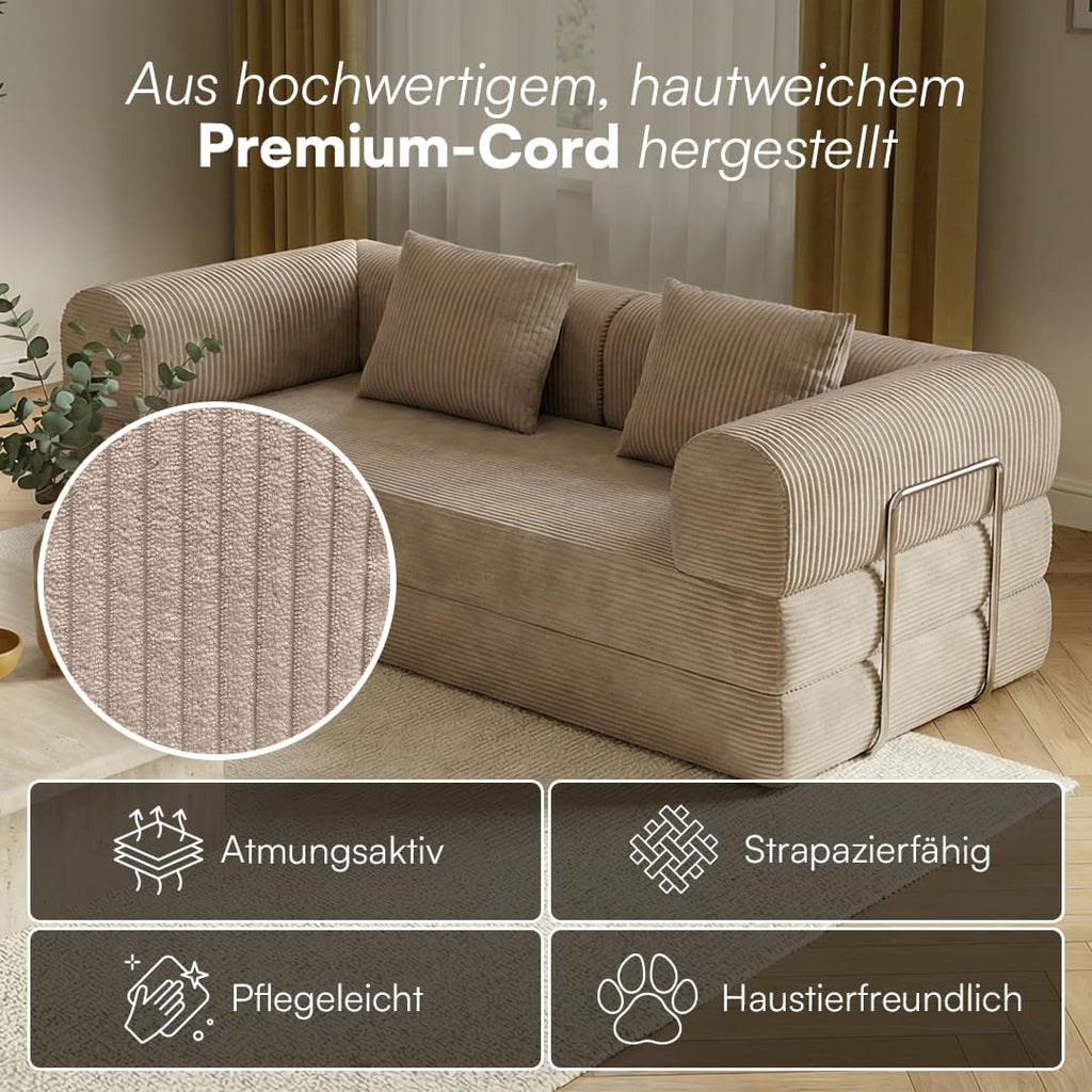 skølm Lofn Schlafsofa aus Cord – 2 Sitzer Couch ausklappbar zum Bodensofa – Vollschaumcouch in Taupe 200 cm breit – Klappsofa inkl. 2 Kissen & Stahlgestell – Cordsofa Wohnzimmer – Cloud Couch boneless | ohne Aufbau