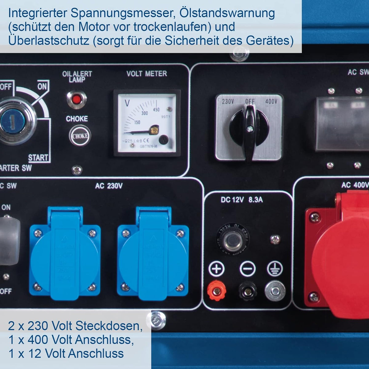 Generador eléctrico diésel Scheppach | Arranque eléctrico | 7,7 CV | 5000 W | 2 tomas de 230 V, 1 toma de 400 V | Depósito de 16 L | Sistema AVR | Generador de corriente SG5200D incl. dispositivo de transporte