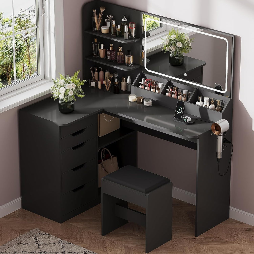 JUMMICO Tocador con espejo y luces, tocador esquinero en forma de L con iluminación LED de 3 colores, mesa de maquillaje de 120 cm de ancho con 5 cajones y enchufes, negro