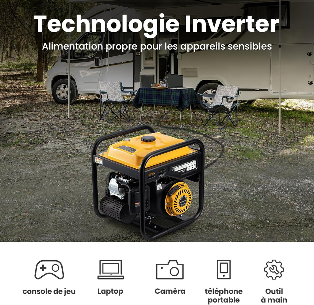 maXpeedingrods Generador de gasolina de 4 tiempos de 3500 W con 2 tomas de 230 V y USB, generador ligero y silencioso, fuente de alimentación de respaldo para garaje, taller, camping y hogar, 26 kg de peso