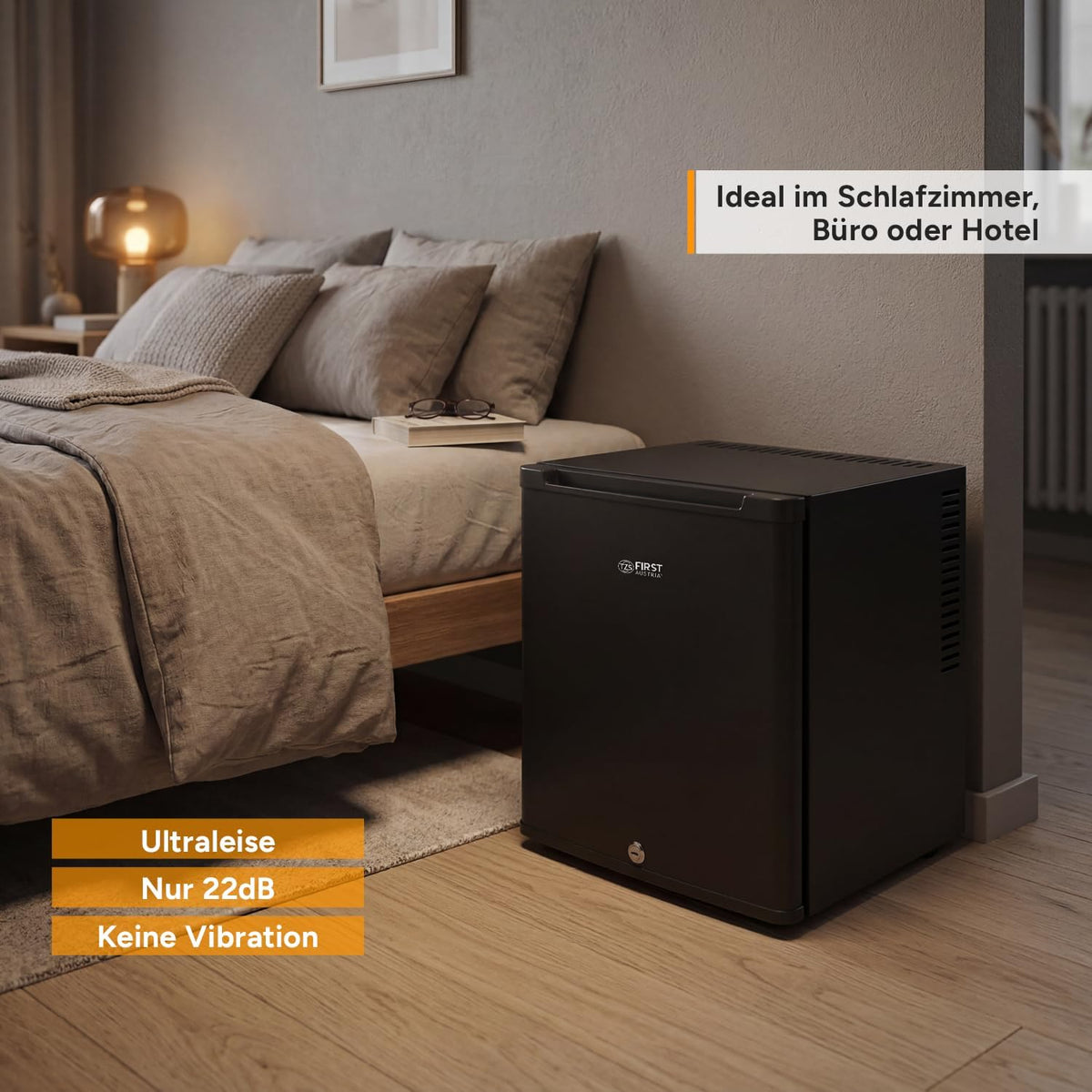 TZS First Austria - Mininevera de 30L completamente silenciosa - Pequeño minibar, puerta reversible e iluminación interior - Mininevera para camping, oficina, dormitorio y hotel - Negro mate