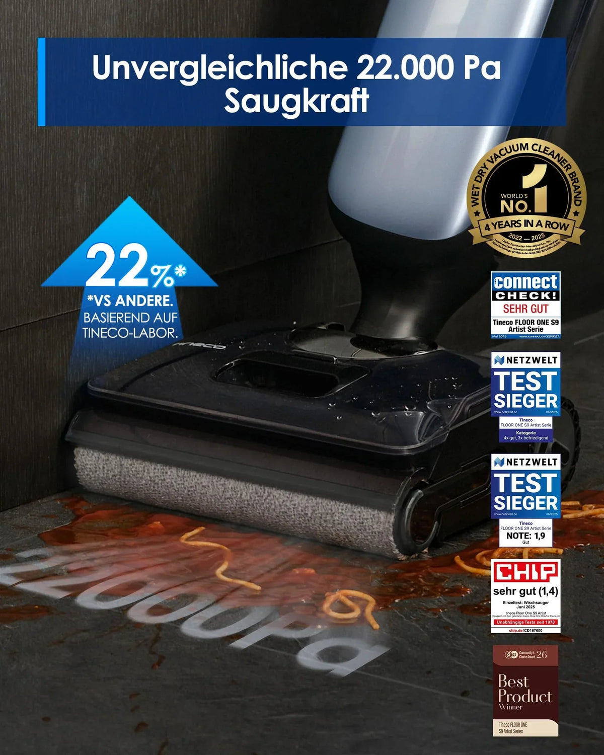Aspiradora fregadora inteligente Tineco Floor ONE S9 Artist, SmoothDrive, DualBlock, diseño plano de 180°, secado Flashdry a 85°, 50 min, 22000Pa
