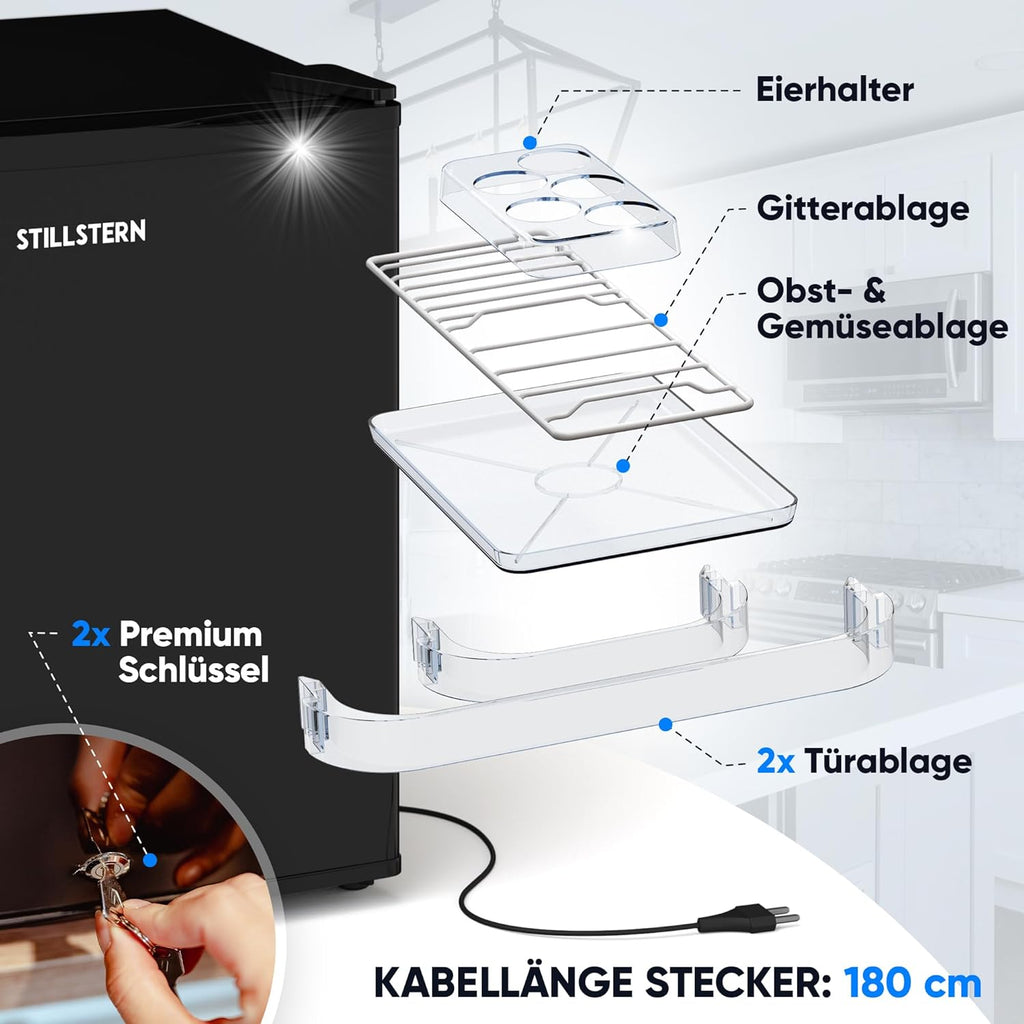 Mininevera Stillstern E 45L con descongelación automática, cerradura, compartimento de congelación, silenciosa, ideal para cocina, oficina, dormitorio, hoteles y apartamentos pequeños, frigorífico pequeño, minibar, nevera para bebidas