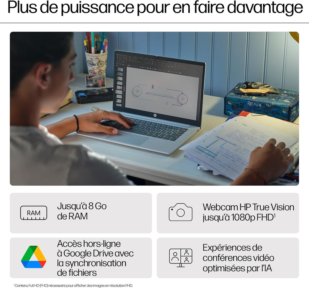 HP Chromebook 14a-nf0001sf Portátil 14" HD, PC Portátil (Intel Celeron N100, RAM 4 GB, Flash 128 GB, Intel Iris XE, Chrome OS), Ordenador Plateado, Teclado AZERTY