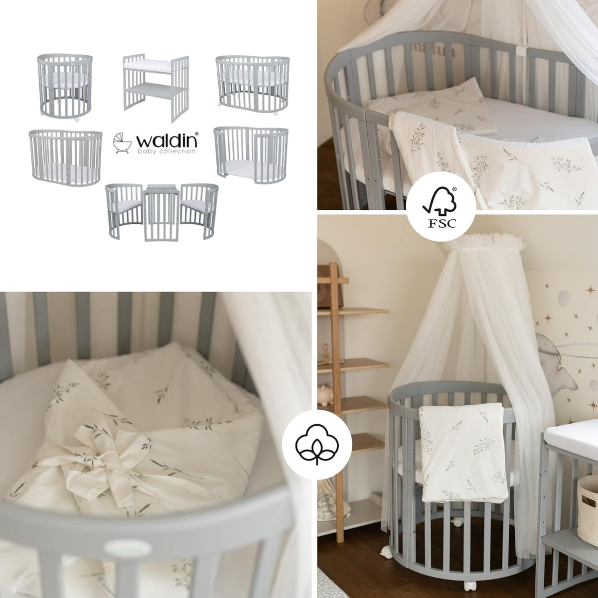 Cuna ovalada evolutiva Waldin, set completo 7 en 1, cuna de barrotes, cama infantil con colchón, cambiador, cuna colecho, madera blanca