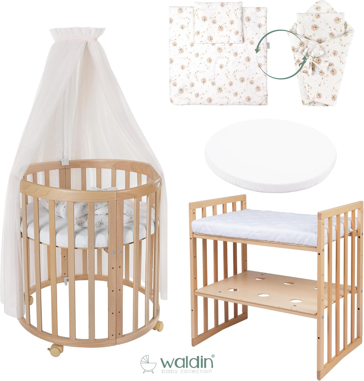 Cuna ovalada evolutiva Waldin, set completo 7 en 1, cuna de barrotes, cama infantil con colchón, cambiador, cuna colecho, madera blanca
