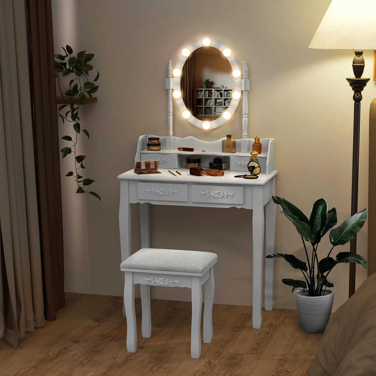 Tocador COSTWAY con iluminación LED, brillo  ajustable, mesa de maquillaje con 4 cajones, taburete y espejo giratorio de 360°, mesa de cosméticos para dormitorio (blanco)