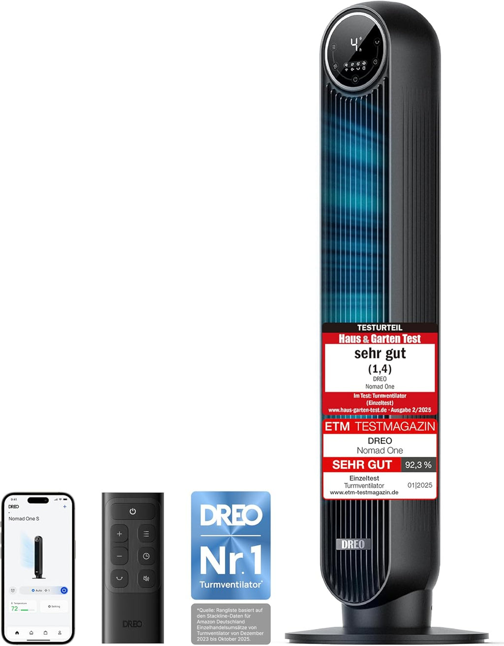 Ventilador de torre inteligente y silencioso DREO, control por APP y voz, ventilador oscilante de 90° con mando a distancia, 4 modos, 4 velocidades, temporizador de 8 h, Nomad One S, negro