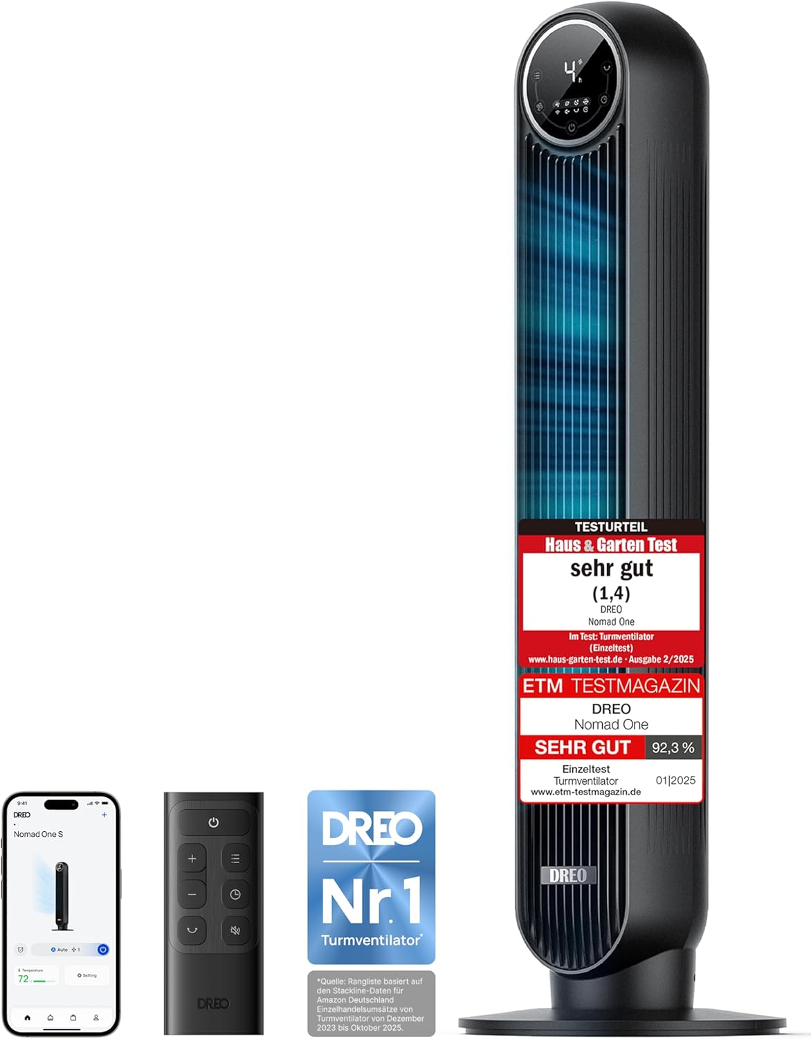 Ventilador de torre inteligente y silencioso DREO, control por APP y voz, ventilador oscilante de 90° con mando a distancia, 4 modos, 4 velocidades, temporizador de 8 h, Nomad One S, negro
