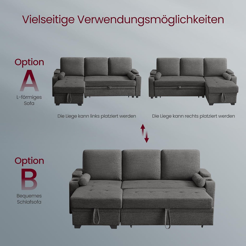 Sofá cama VASAGLE, sofá, sofá cama con espacio de almacenamiento, muebles tapizados, funda de mezcla de algodón y lino, portavasos, moderno, habitación de invitados, gris LCS801G01