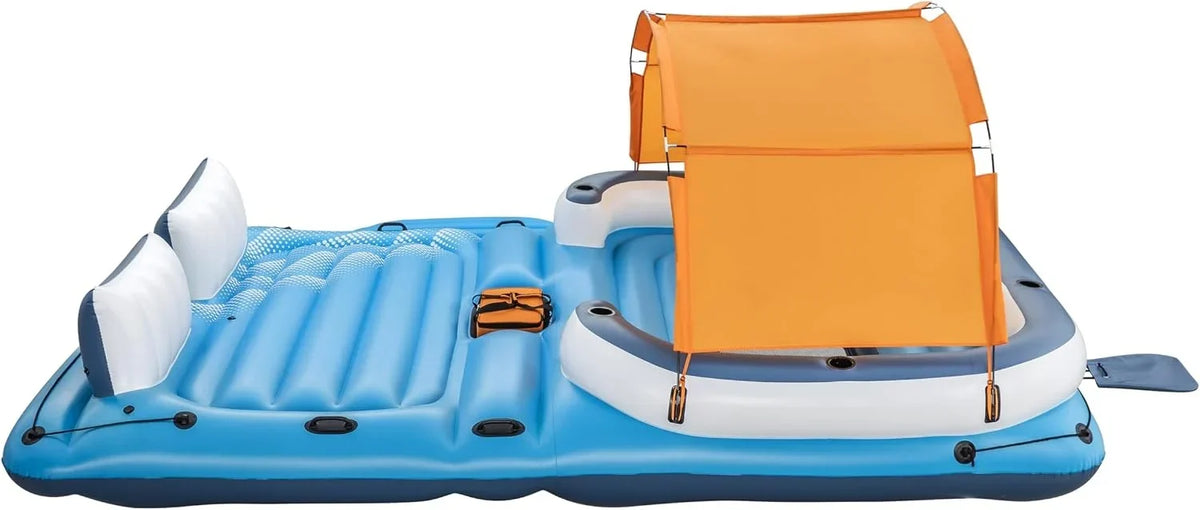 Isla flotante Tropical Breeze 43105 para 6 personas de 389 x 274 cm con toldo, bolsa térmica, 6 posavasos y parche de reparación