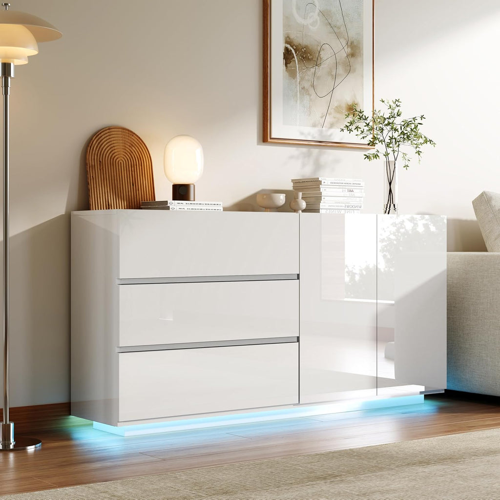 Cómoda blanca de alto brillo con iluminación LED, aparador blanco de alto brillo de 160 cm con 2 puertas y 3 cajones, alacena de cocina, mueble buffet moderno para dormitorio, comedor, oficinas y recibidor