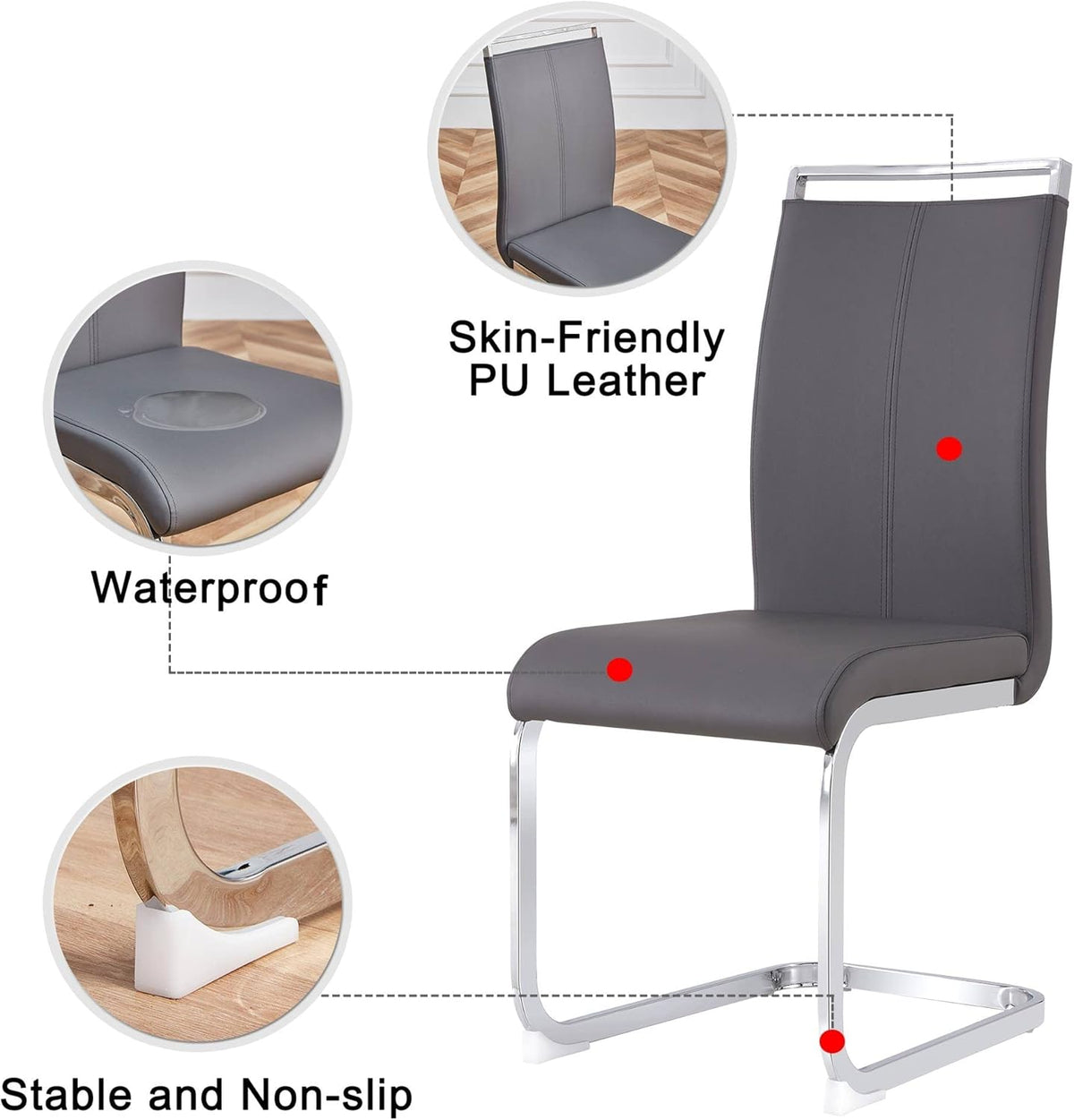 Juego de 4 sillas cantilever Merax, sillas de comedor con piel sintética PU y respaldo alto, estructura de metal cromado, silla de cocina moderna, silla tapizada para sala de estar y sala de conferencias, gris