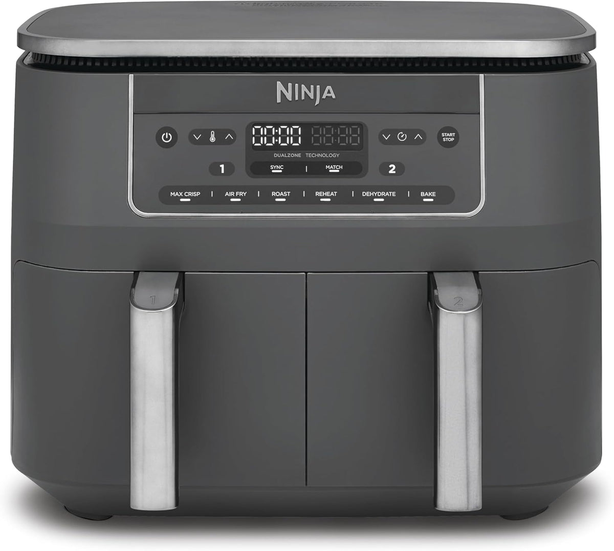 Freidora de aire digital de doble zona Ninja, 2 cajones, 6 en 1, freidora de aire sin aceite, 7,6 L, freír con aire, Max Crisp, asar, hornear, recalentar, cestas aptas para lavavajillas, gris metálico DZ300EU