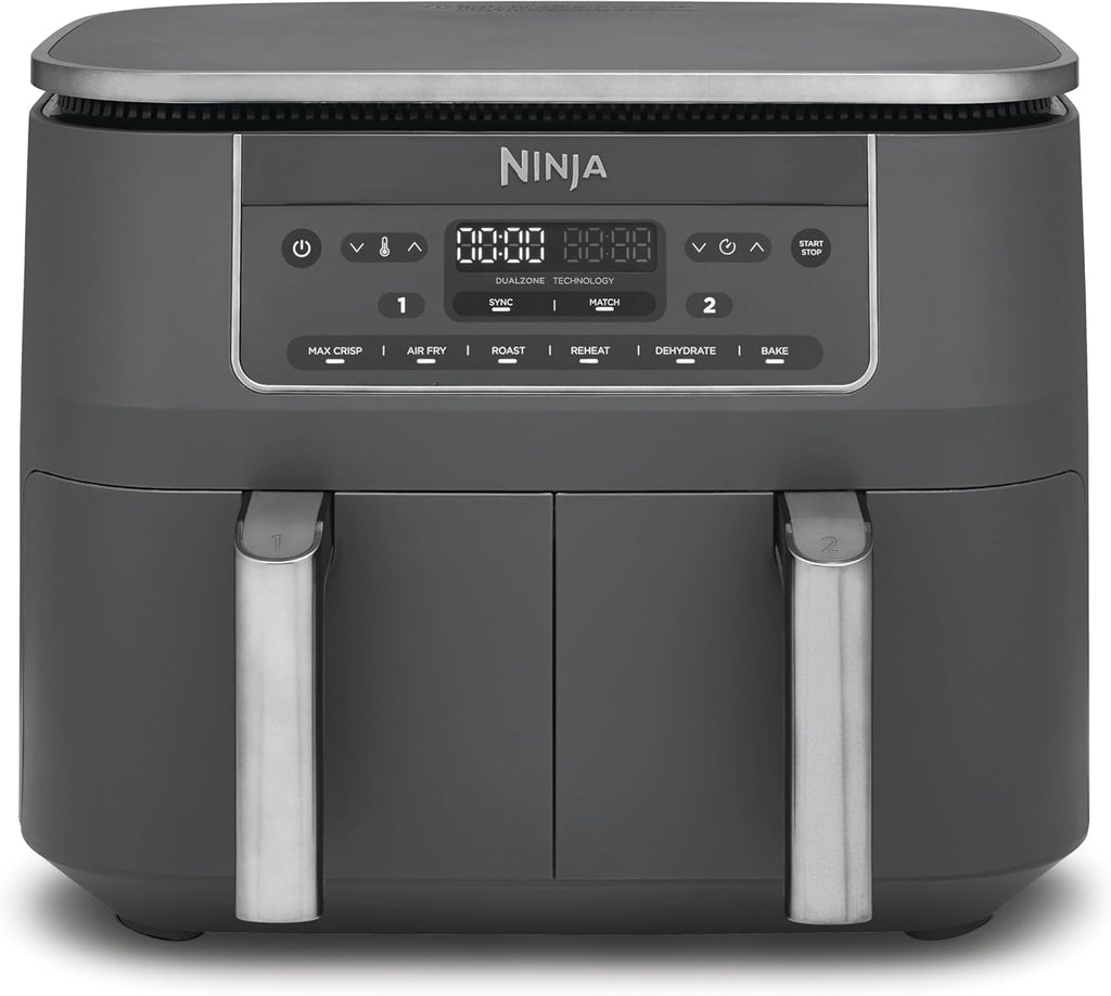 Freidora de aire digital de doble zona Ninja, 2 cajones, 6 en 1, freidora de aire sin aceite, 7,6 L, freír con aire, Max Crisp, asar, hornear, recalentar, cestas aptas para lavavajillas, gris metálico DZ300EU