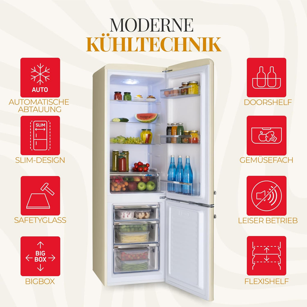 Frigorífico combi retro Amica 244 L 181 x 55 x 61,5 cm KGCR 387 101 B | 181 L frigorífico 63 L congelador, iluminación LED, descongelación automática, cristal de seguridad, botellero cromado, funcionamiento silencioso