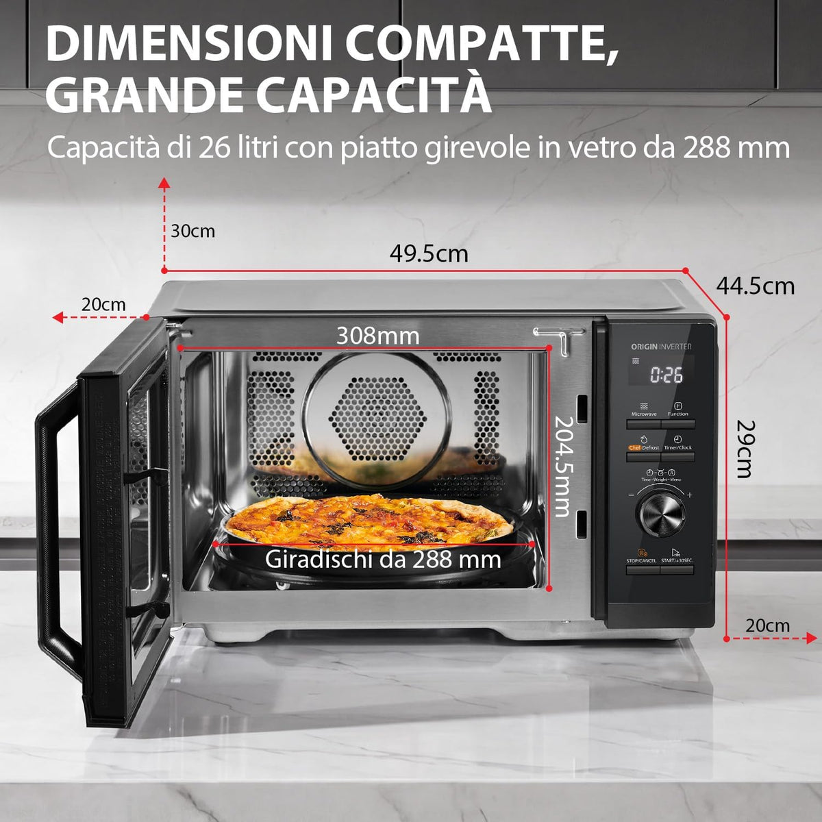 Microondas Toshiba MW3-AC26SFI(BK) con grill y convección/Horno microondas 6 en 1/26 L/Grill de 1000 W/Inversor Origin/Función Chef Defrost/Convección/Cocción combinada/Grill/Freidora de aire/Menú automático/Negro