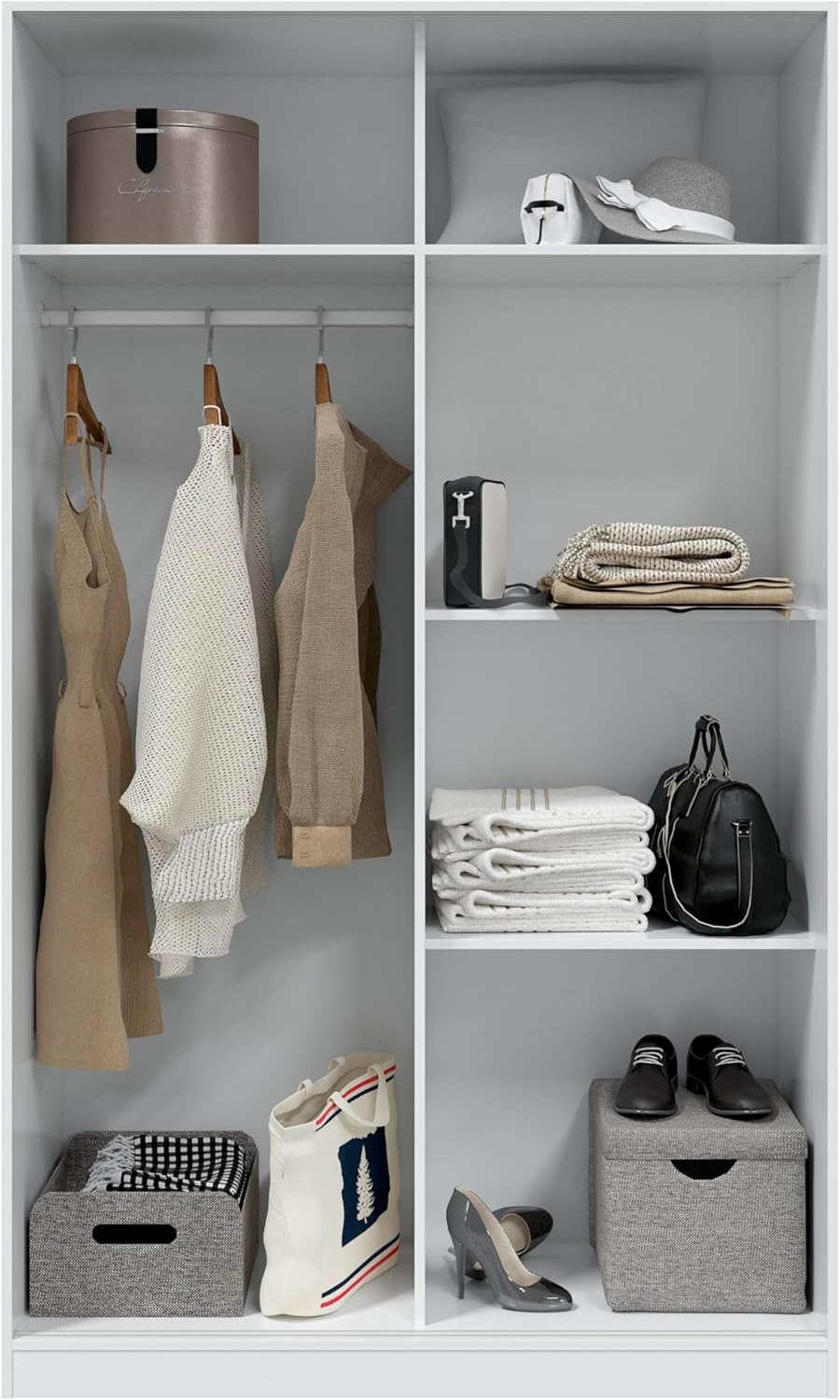 duehome | Armario de 2 puertas correderas, barra de colgar y estantes, armario para dormitorio, modelo Show, acabado en blanco Artik y cemento, medidas: 120 cm (largo) x 200 cm (alto) x 50 cm (fondo)