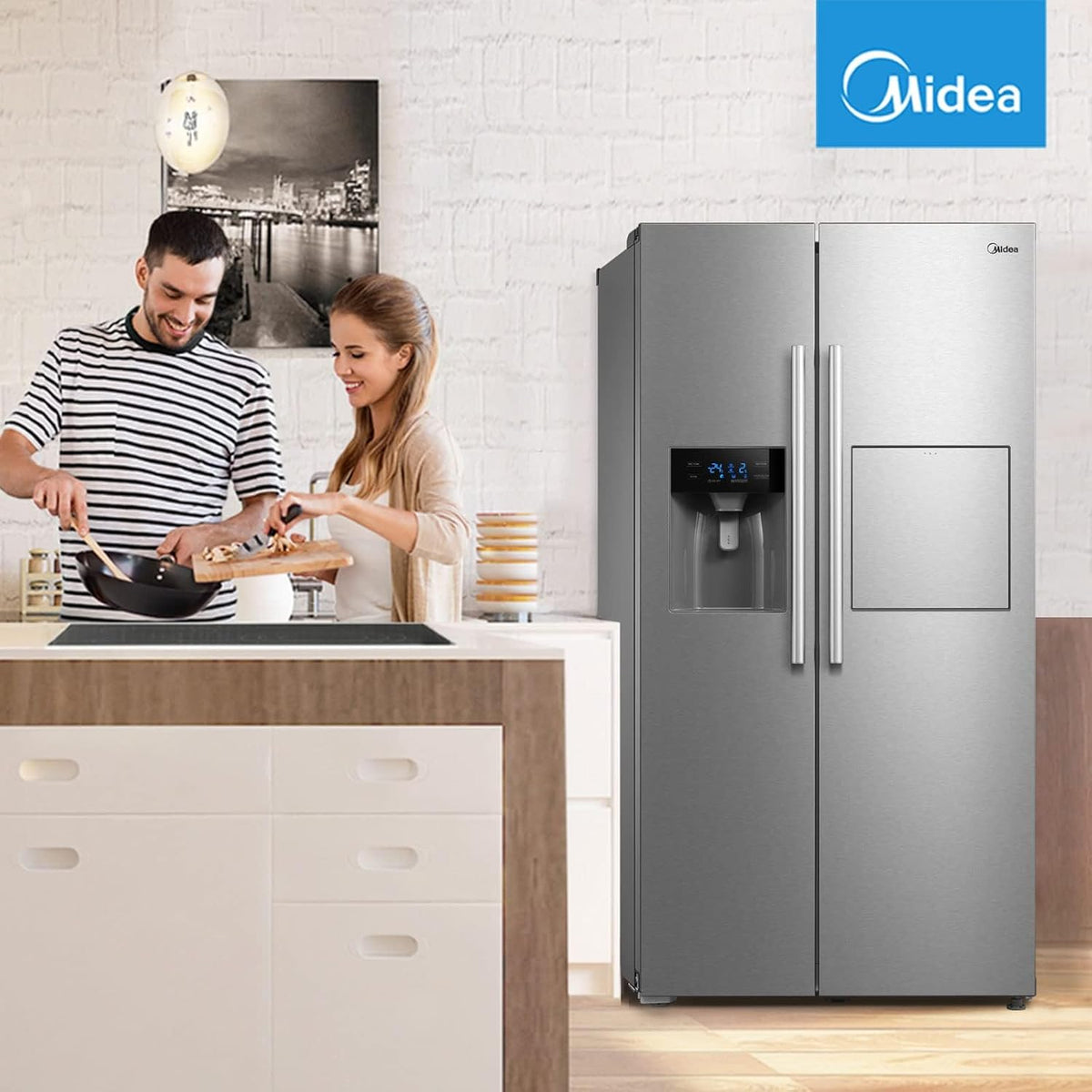 Midea KS-DDX 6.32 WT Frigorífico americano / 178,8 cm de altura / 254 kWh/año / No Frost / Compresor Dual Inverter / con dispensador de agua/hielo 3 en 1 y depósito de agua, Dark Inox