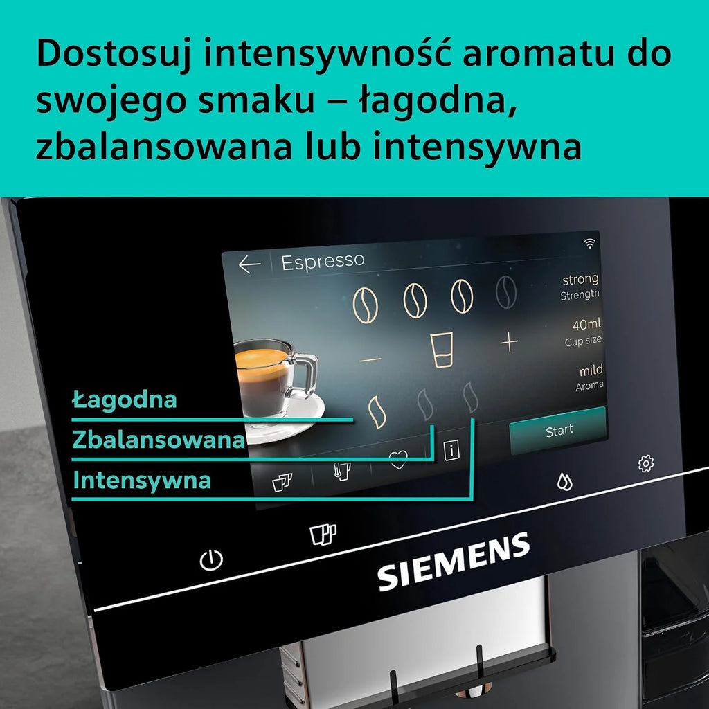 Siemens, automatyczny ekspres do kawy, EQ700 iAroma, wyświetlacz dotykowy, Cold Brew i Slow Brew, aplikacja Siemens Home Appliances, odcień morning haze, TP725E01