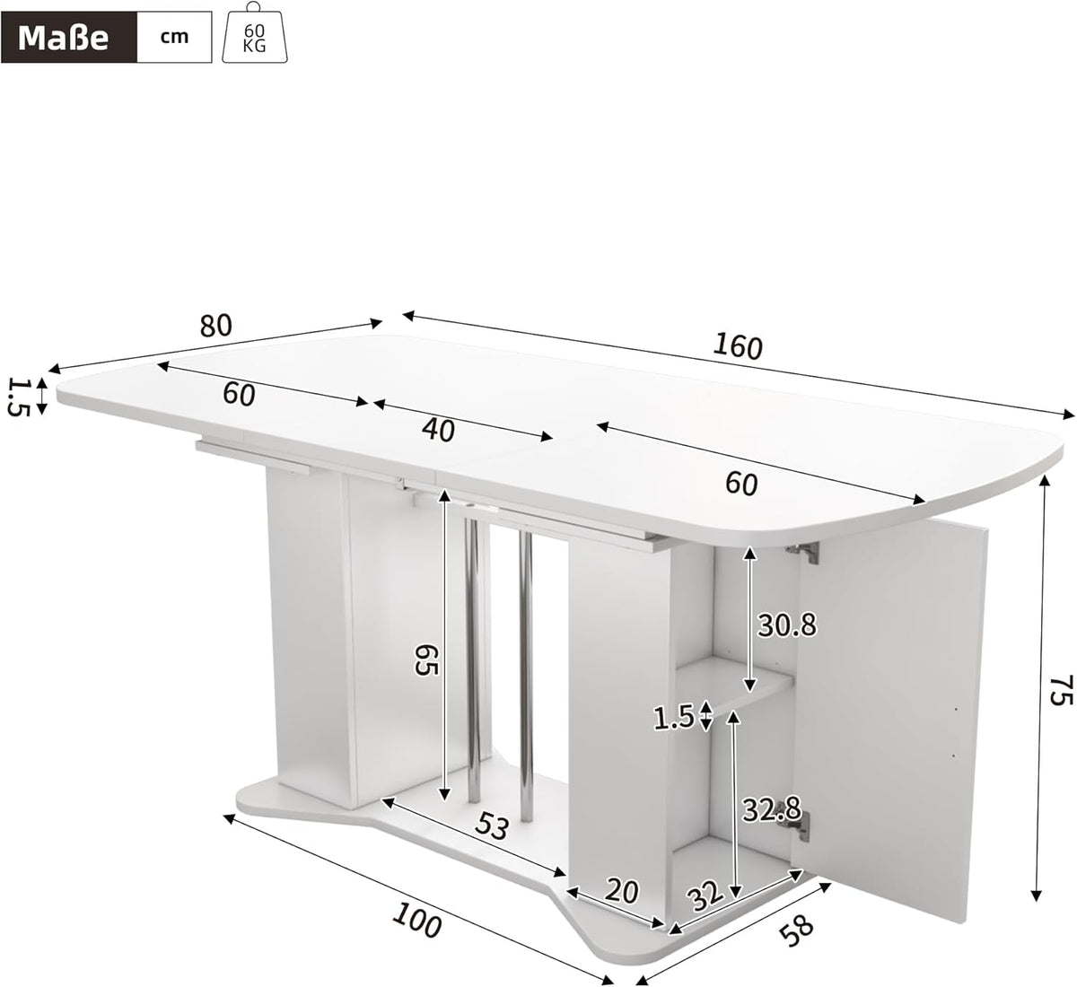 Mesa de comedor extensible moderna Bladez con espacio de almacenamiento, 120-160 cm x 80 cm, MDF en blanco, patas de metal plateado, mesa de cocina multifuncional para 4-8 personas, mesa de comedor
