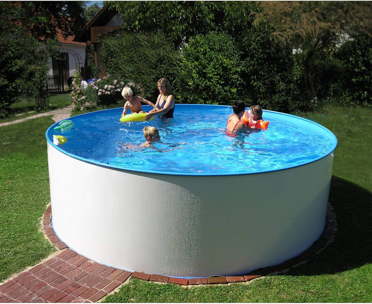 Set de piscina de pared de acero redonda Planet Pool Bologna 200x120 cm, acero blanco 0,6 mm, revestimiento azul 0,6 mm, cenefa colgante