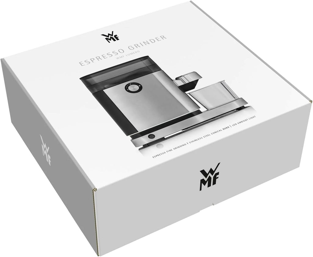 WMF Lumero elektryczny młynek do espresso 150 W, przyciski dotykowe LED, 40 stopni mielenia, pojemnik na kawę, stal nierdzewna Cromargan matowa