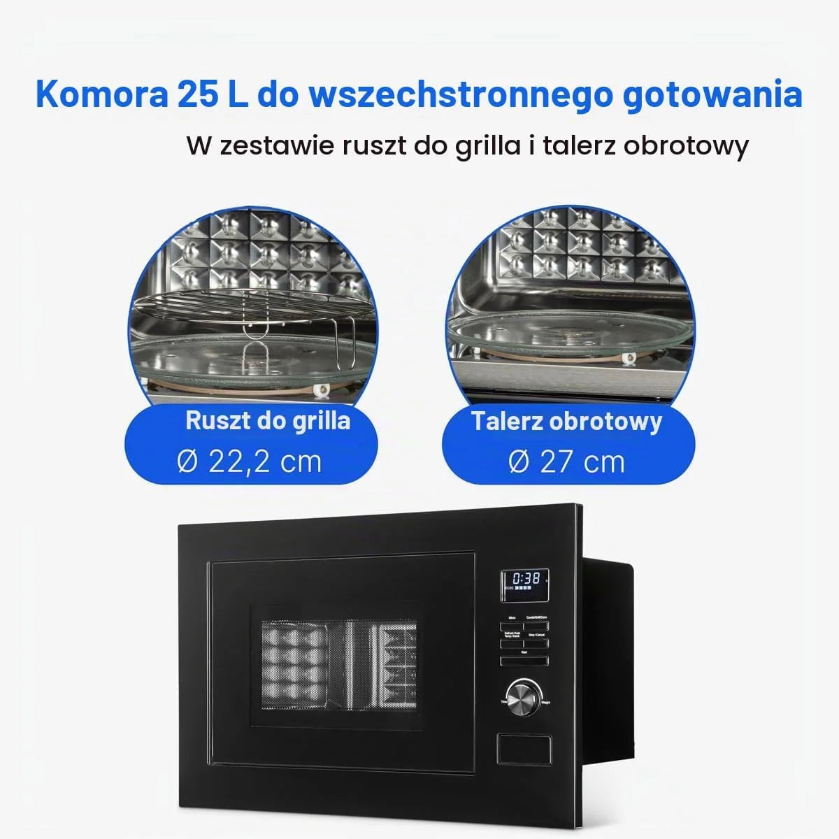 Kuchenka mikrofalowa do zabudowy Bomann® 3w1, Grill + Gorące powietrze, przestrzeń do gotowania 25 l, 8 programów automatycznych, Grill + talerz obrotowy (średnica 27 cm), 900 W
