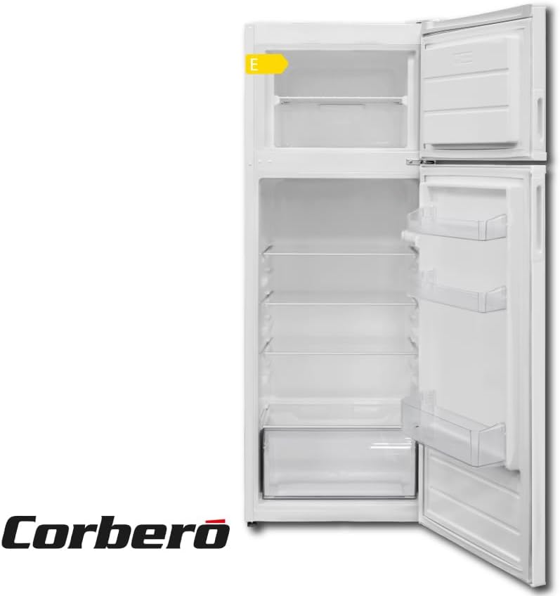 Corberó - Frigorífico 2 Puertas | CF2PV21324W | 57x54x145 | Capacidad 212L | Luz interior, cajón para verduras, estantes ajustables, descongelación manual, estantes de cristal, huevera, cubiteras | Blanco