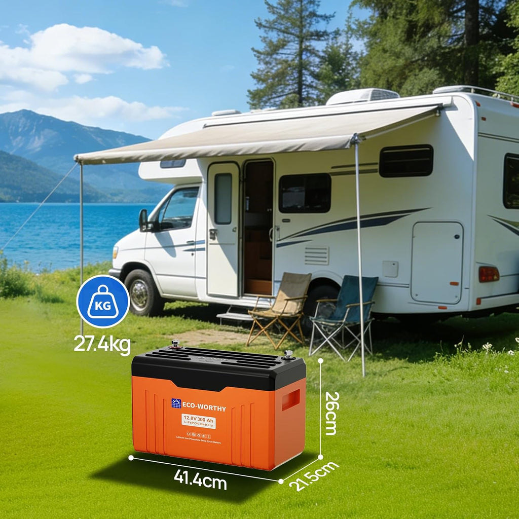 Batería de litio ECO-WORTHY 12V 300Ah LiFePO4 con Bluetooth y pantalla, batería LiFePO4 con BMS de 200A, protección de baja temperatura y máx. 15000 ciclos, 3840Wh 12V para autocaravana, panel solar